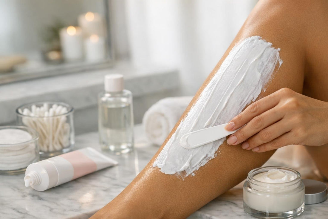 Depilatory cream applied evenly on leg with spatula