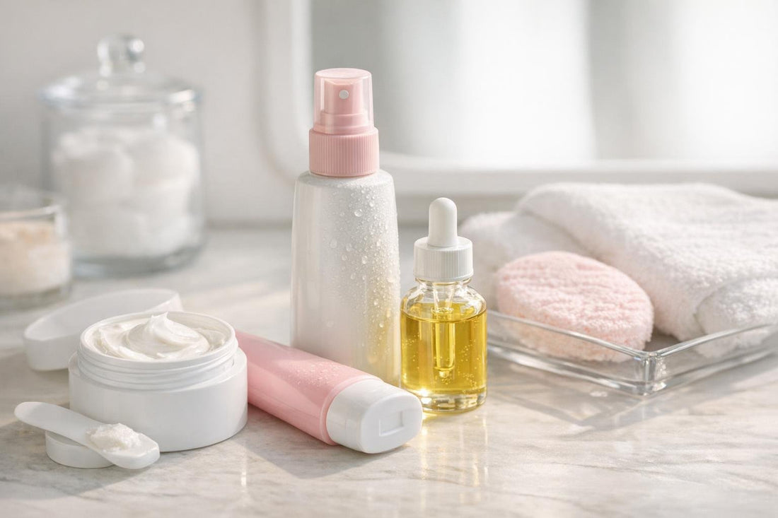 Depilatory creams, spray, and aftercare oil arranged