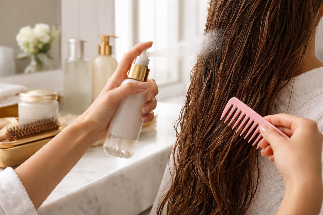 Hands using detangler spray on wet hair sections