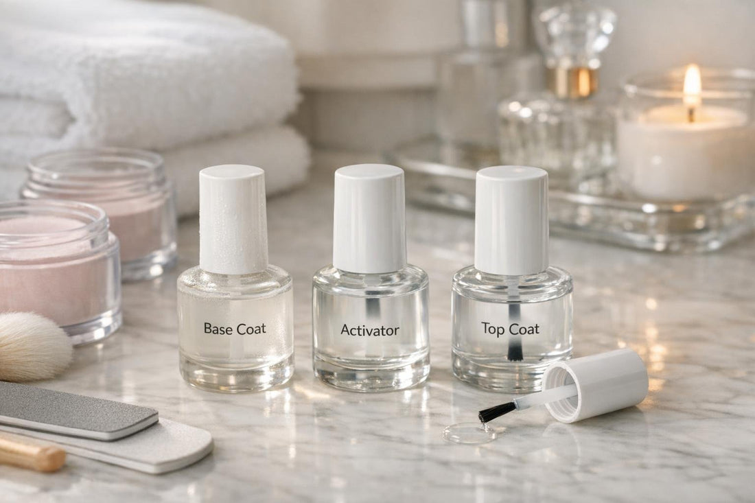 Dip manicure base and top coat bottles for beginners