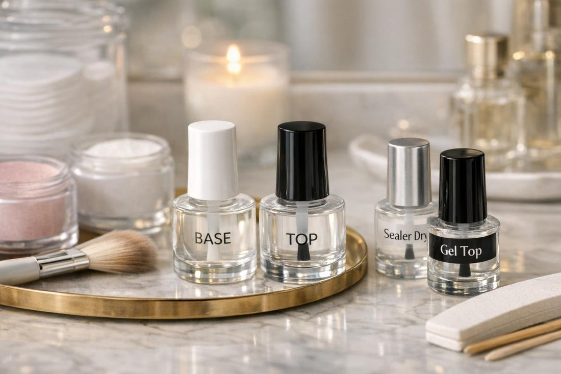 Dip manicure base and top coat bottles on table