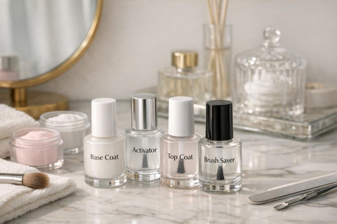 Dip manicure base and top coat bottles on vanity