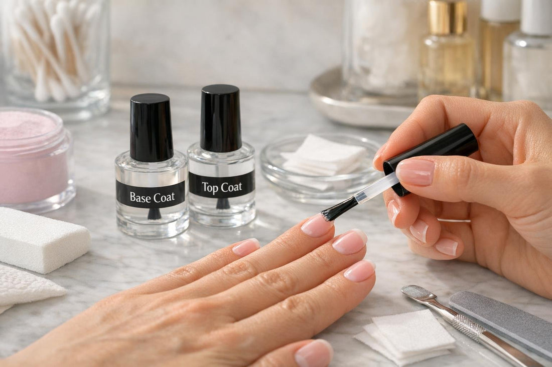 Applying dip base and glossy top coat for smooth nails