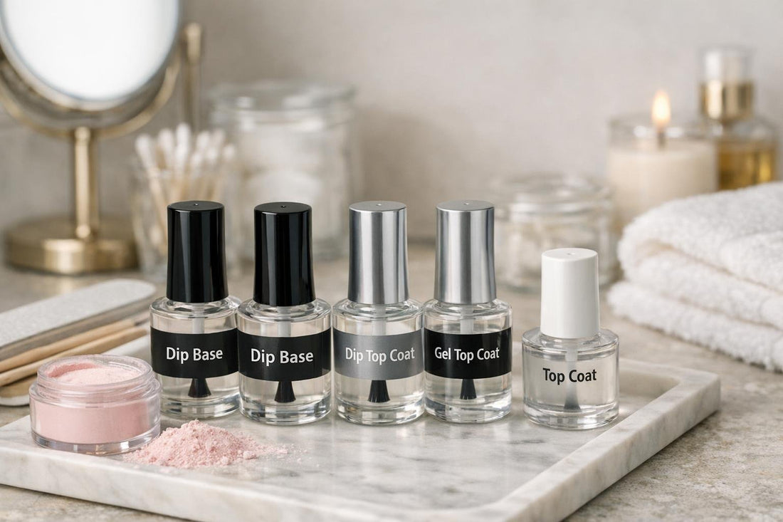 Dip base and top coat bottles for at-home manicure