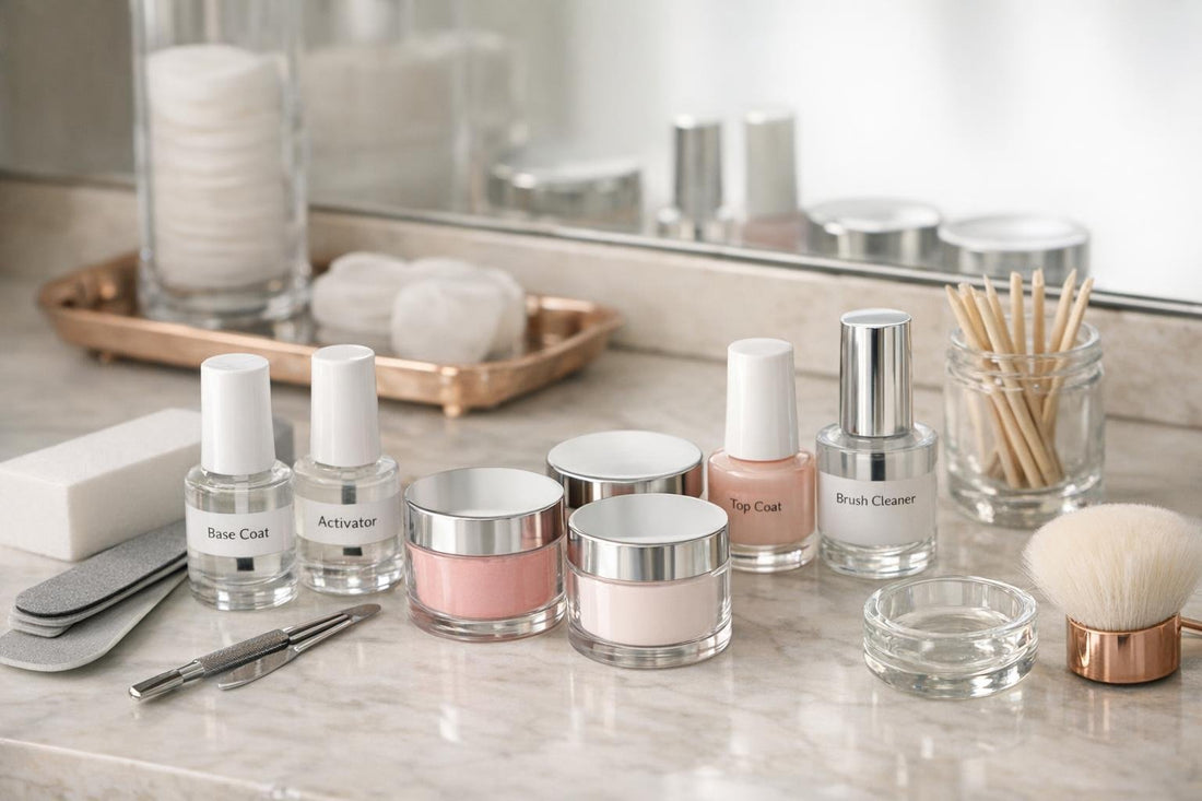 Dip manicure essentials tools and powders on table