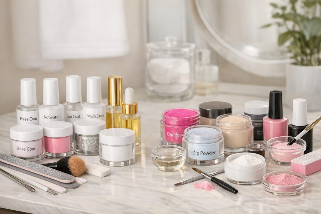 Dip manicure kit next to powders and tools