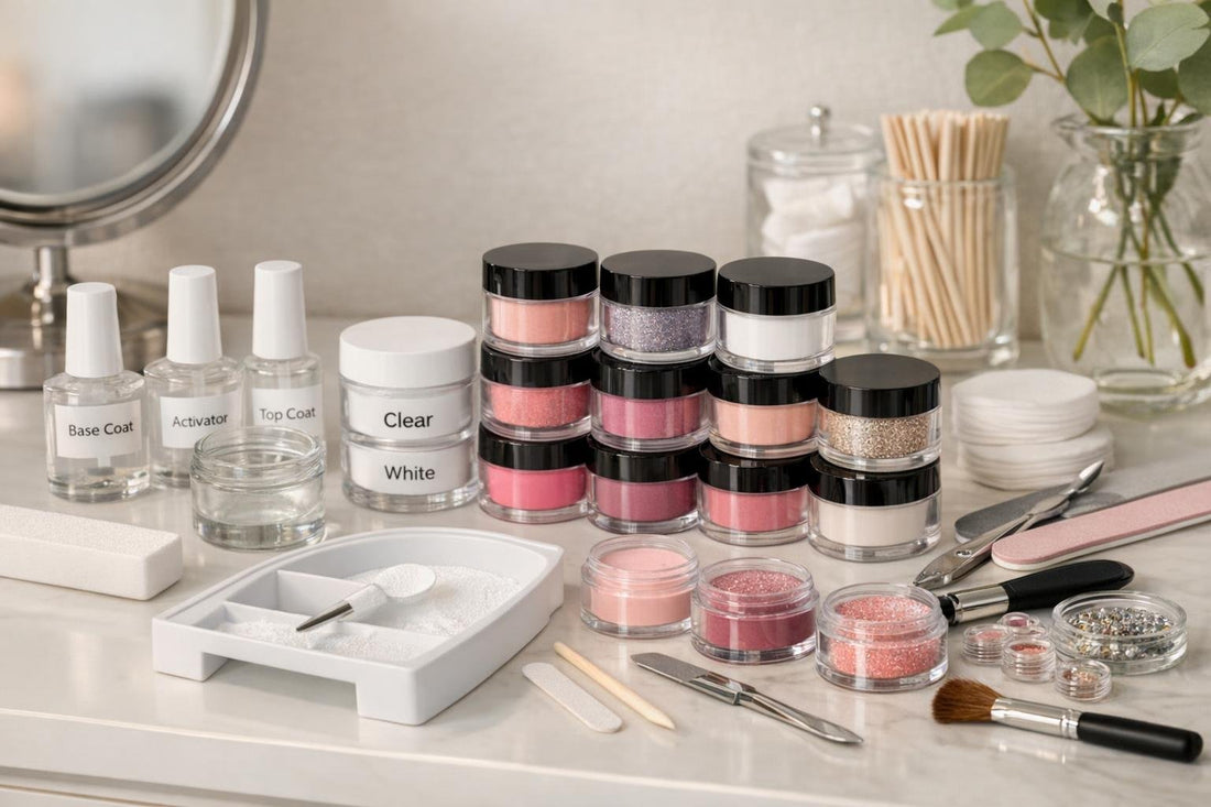 Dip manicure kit with powders, brushes, and tools laid out