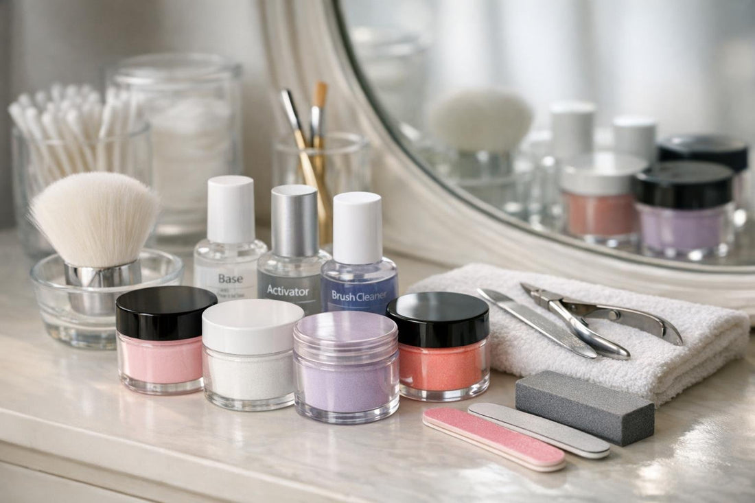 Assorted dip manicure powders and manicure tools