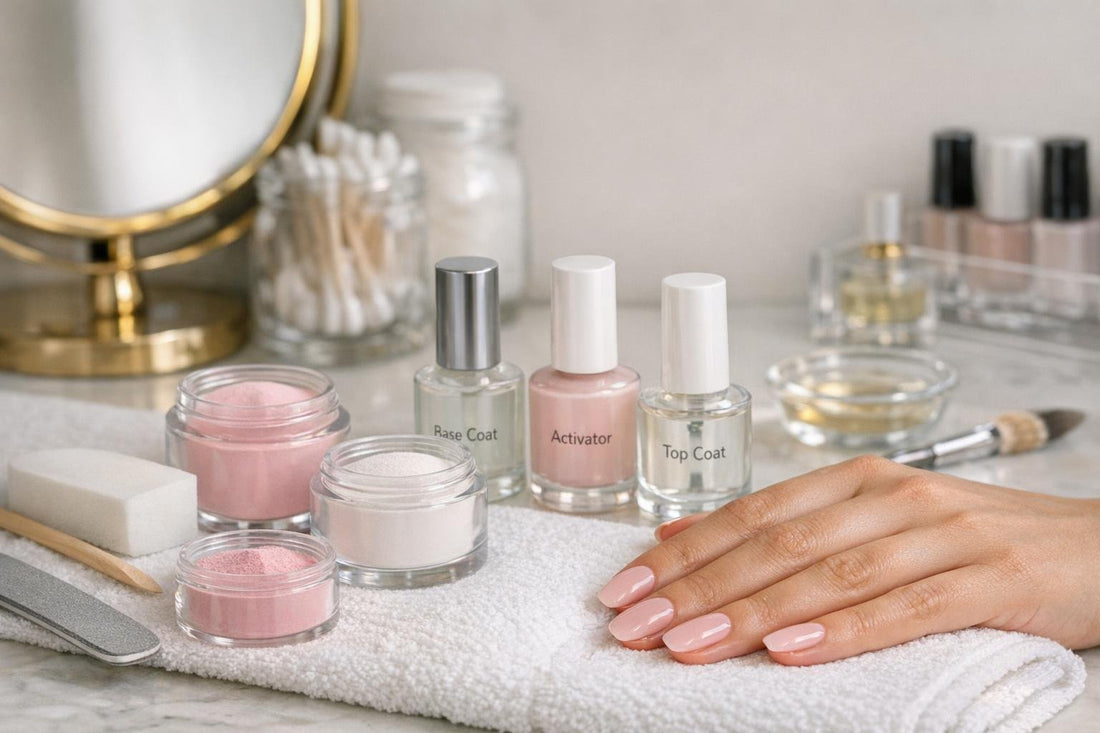 At-home dip powder manicure with smooth glossy finish