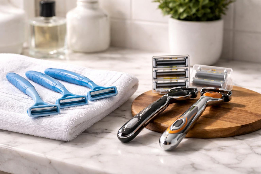 men shaving disposable and cartridge razors close-up