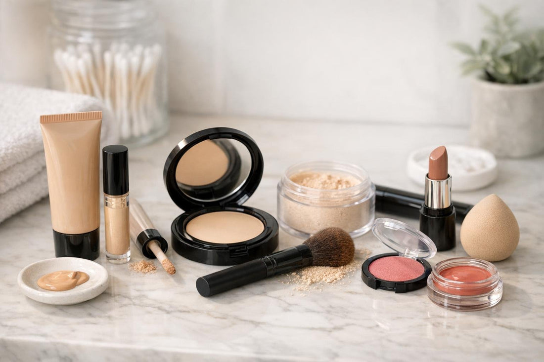 Drugstore-friendly face makeup essentials laid out for everyday wear