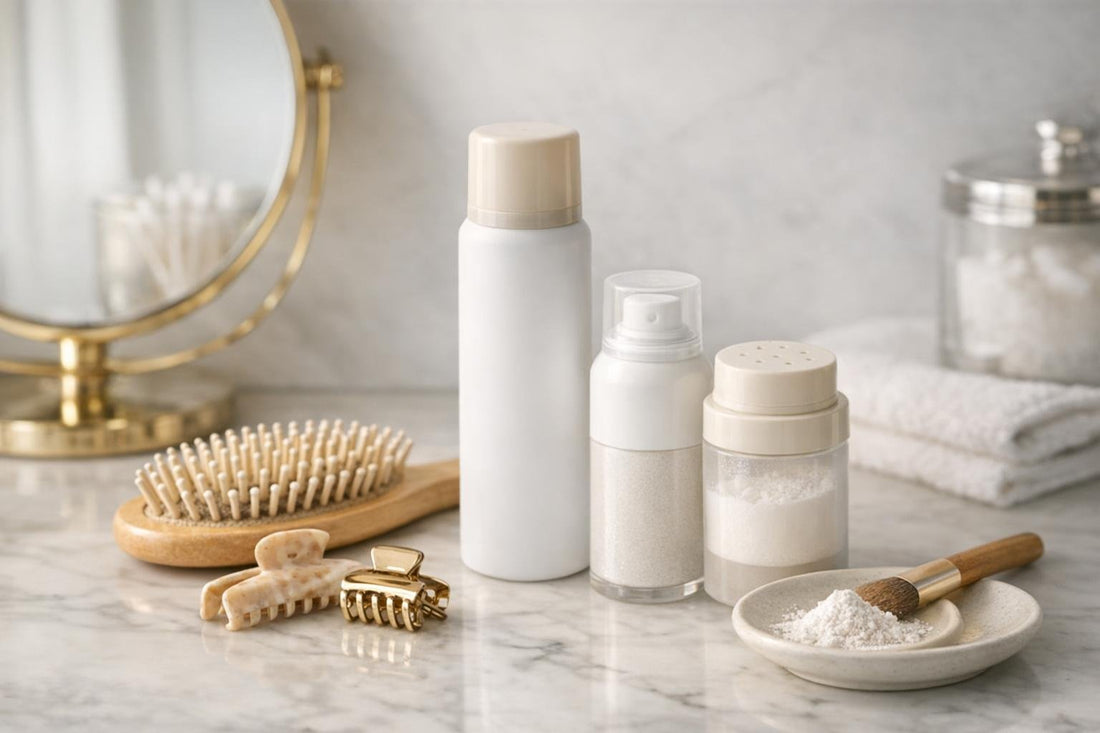 Dry shampoo essentials collection beside brush and hair clips