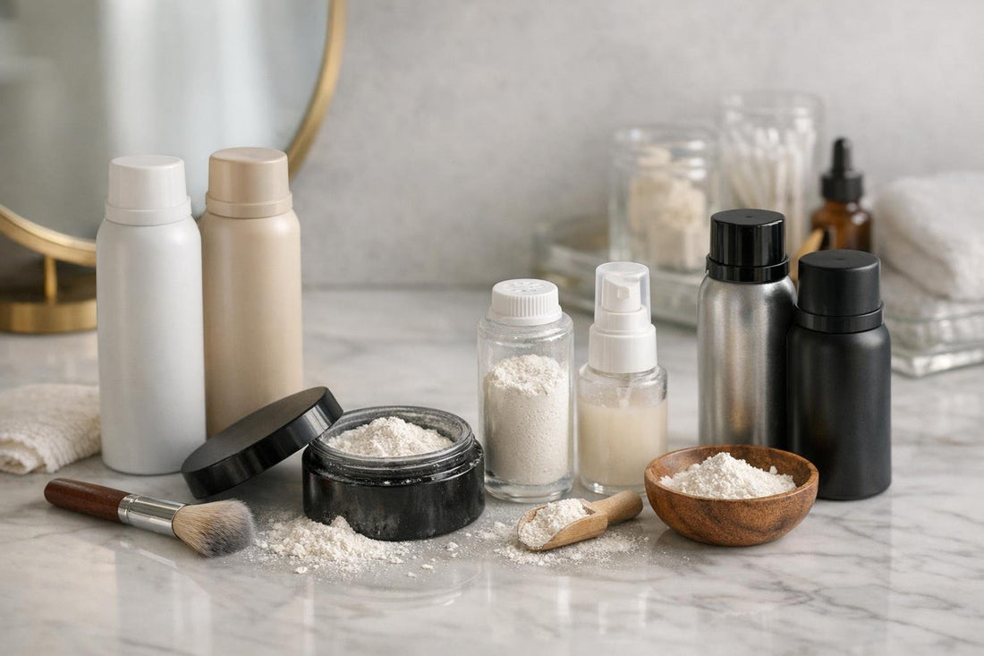 dry shampoo powders and sprays on vanity counter