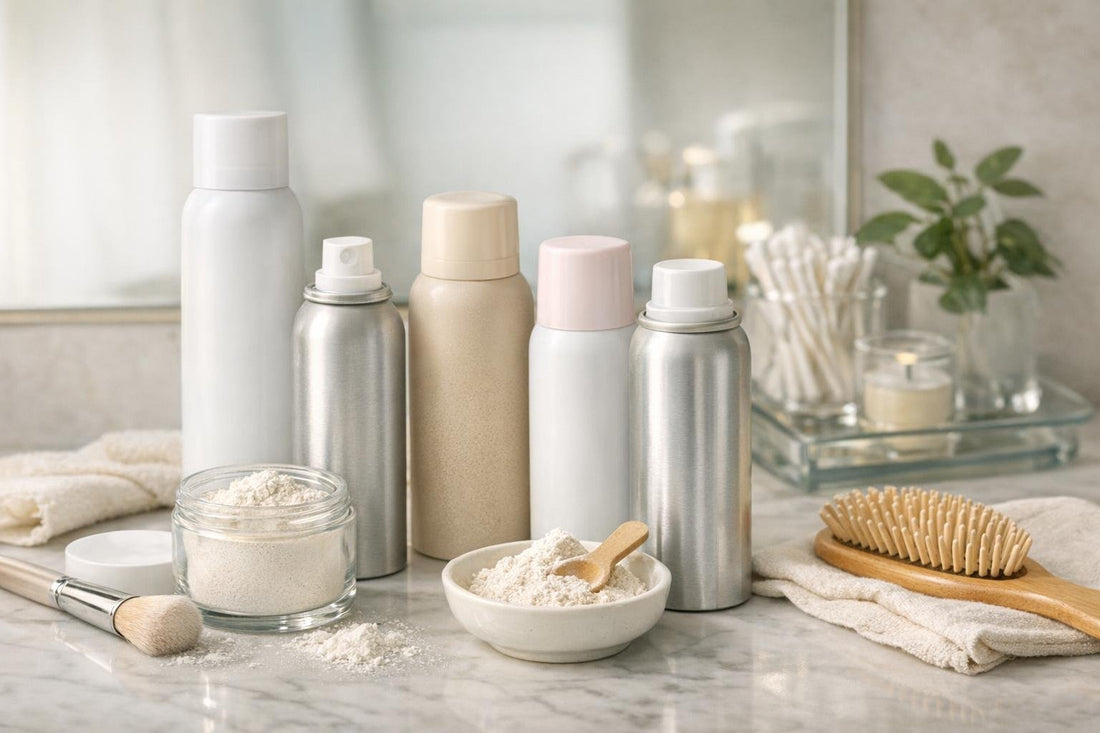 assorted dry shampoo bottles and powders on counter