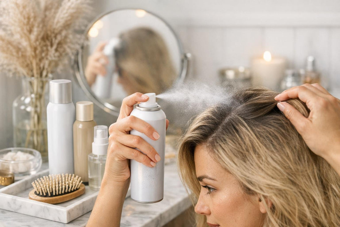 Applying dry shampoo at roots for fresh, airy volume