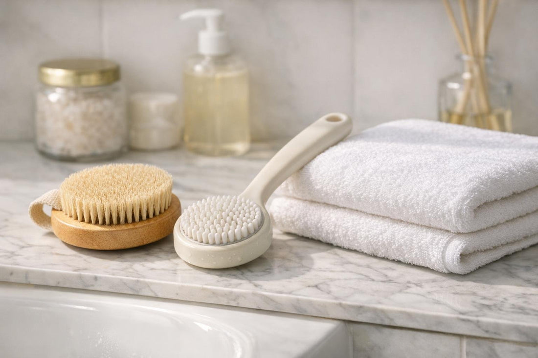 Dry brush and shower body brush beside bath towel