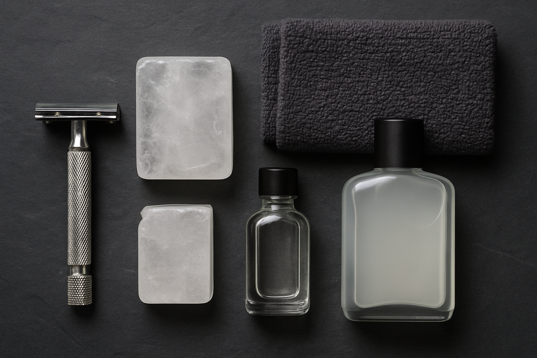 Alum block beside a safety razor and aftershave bottles on dark slate