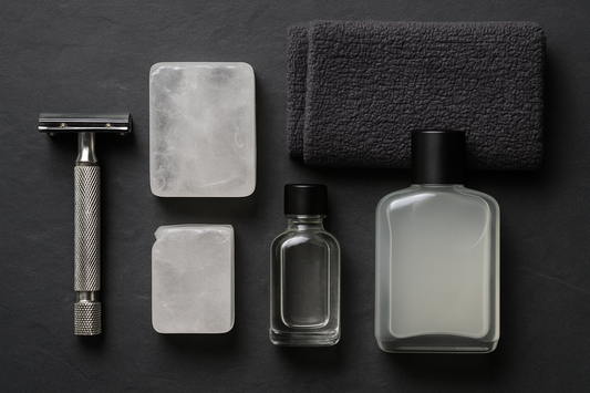 Alum block beside a safety razor and aftershave bottles on dark slate