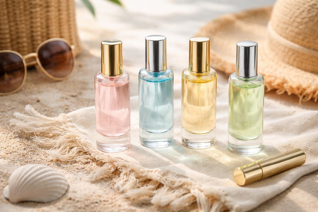 Women’s eau fraîche travel bottles on beach