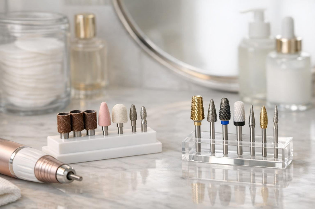 Electric nail drill bits arranged by shape and grit