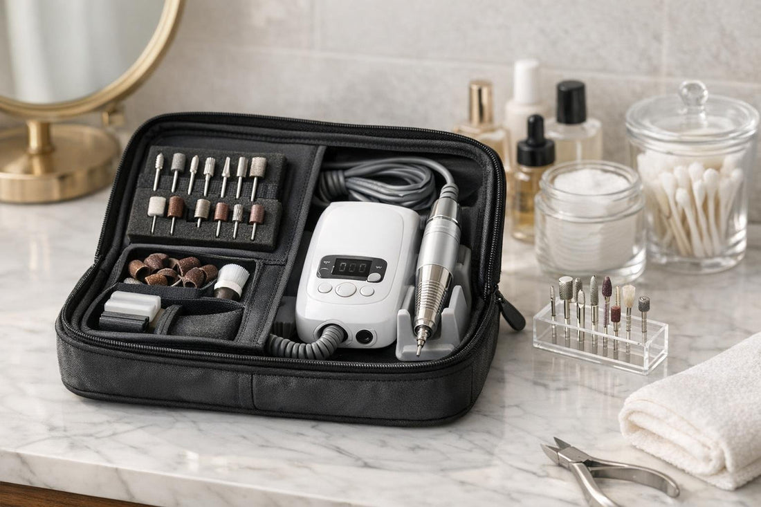 Electric nail drill portfolio set with bits and handpiece