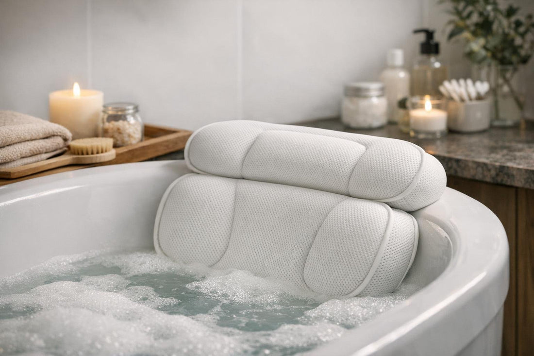 Ergonomic bath pillow supporting neck and shoulders in tub