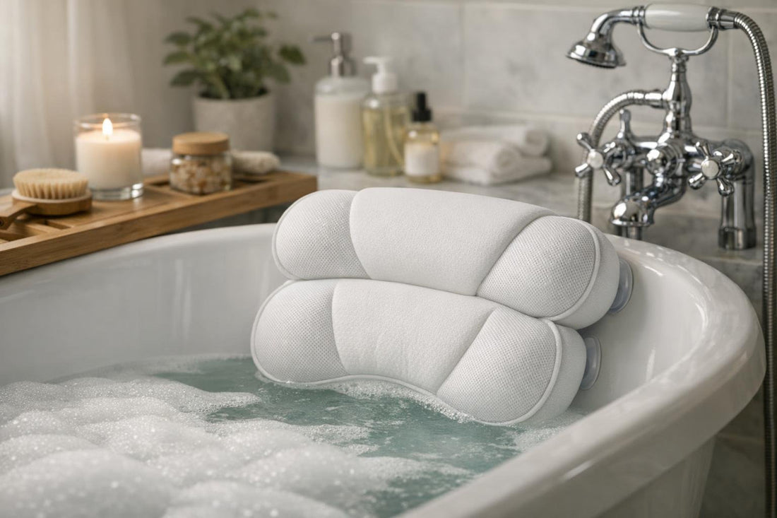 Ergonomic bath pillow supporting neck in a bathtub