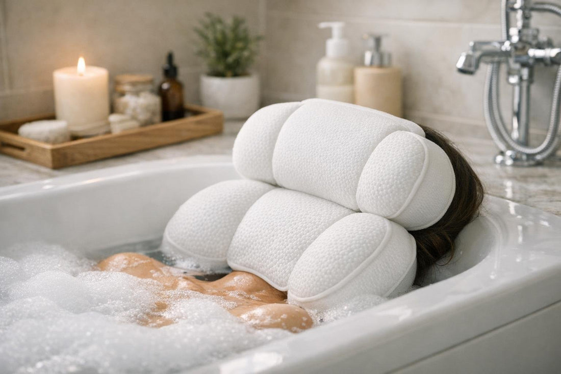 Ergonomic bath pillow supporting neck and shoulders in tub
