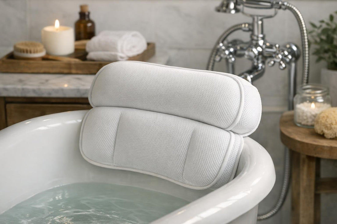 ergonomic bath pillow on a compact tub rim