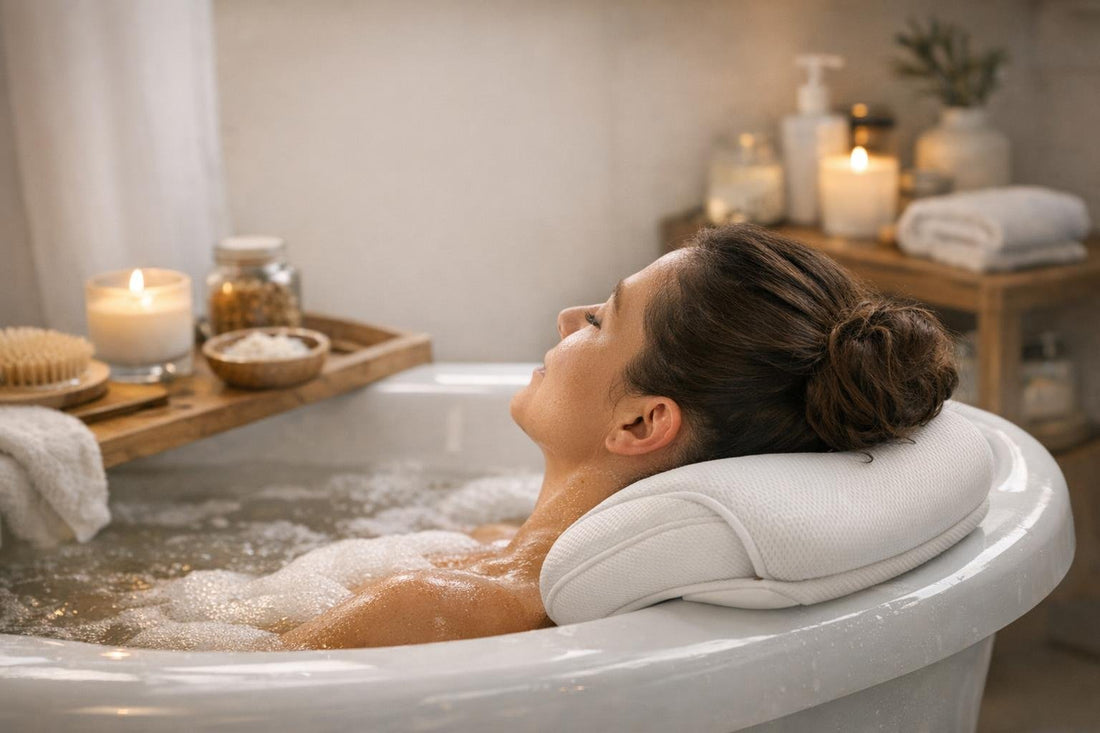 Ergonomic bath pillow supporting neck during cozy soak