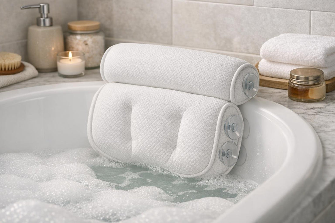 Ergonomic bath pillow with secure suction cups in tub