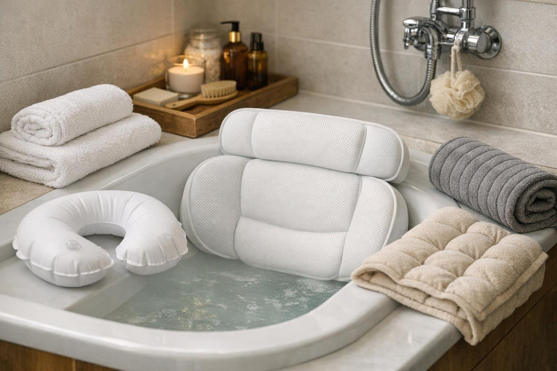 ergonomic bath pillow in small bathtub for neck support