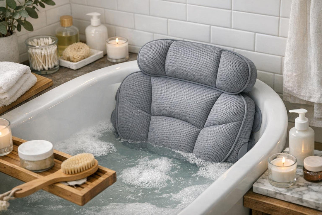 Ergonomic bath pillow fitted in small tub