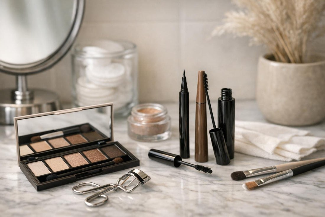 Everyday eye makeup essentials laid out for simple routine