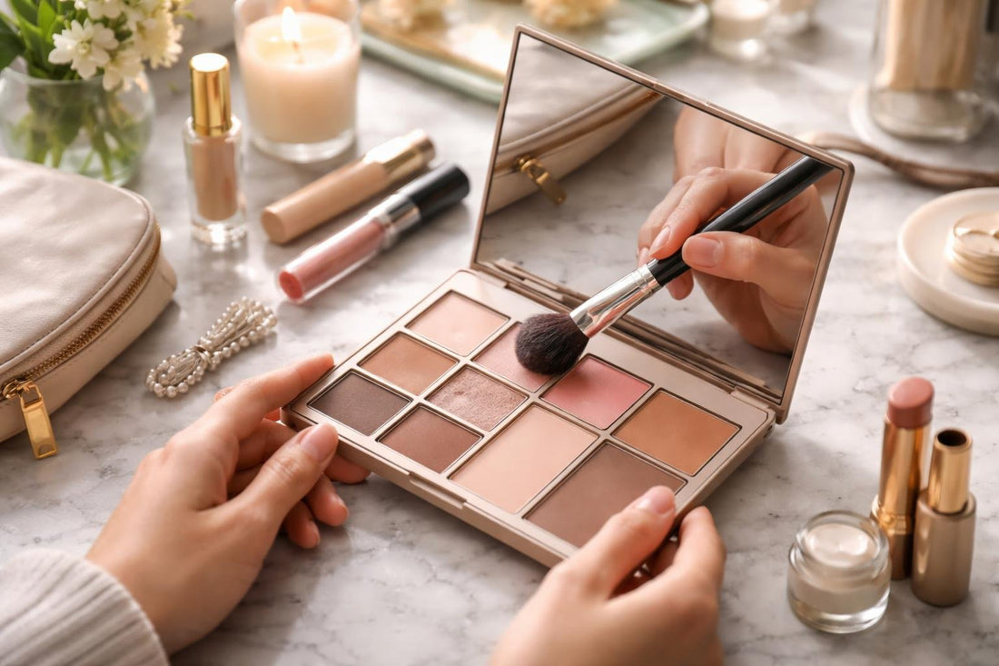 Beginner applying everyday makeup using a compact kit