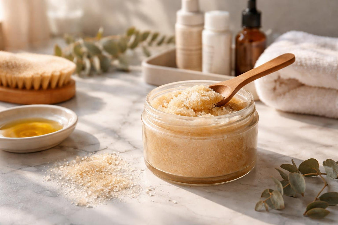Close-up sugar body scrub for sensitive winter skin