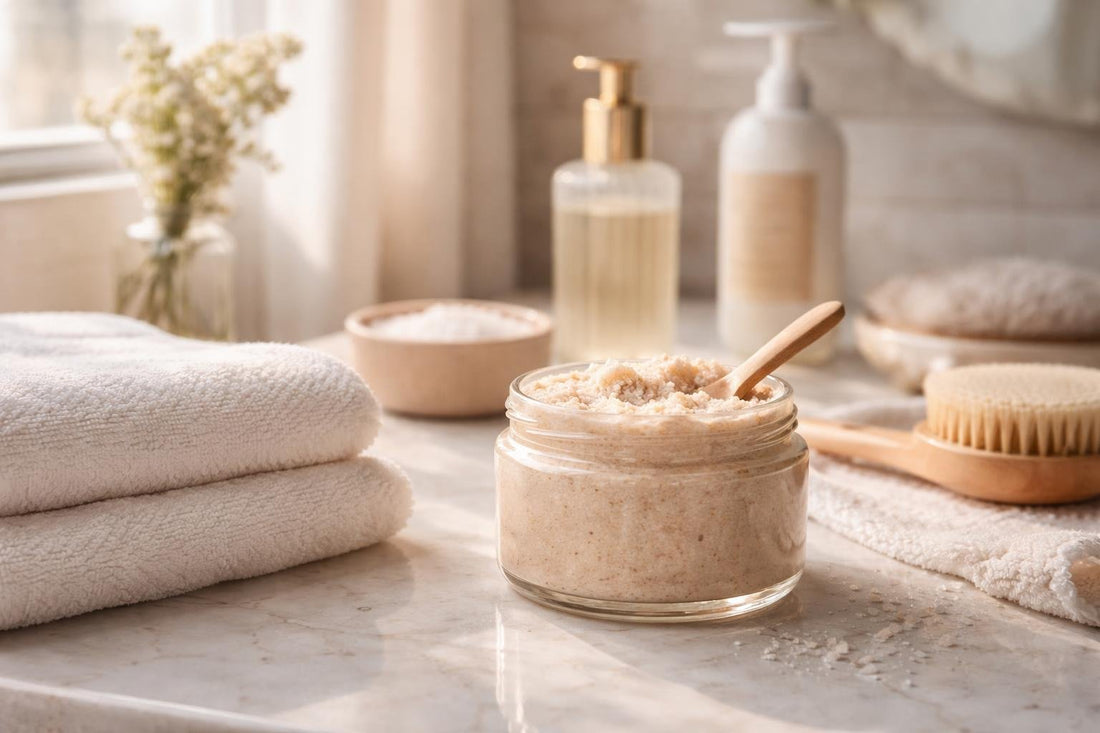 Exfoliating body scrub jar and towel on counter in bathroom