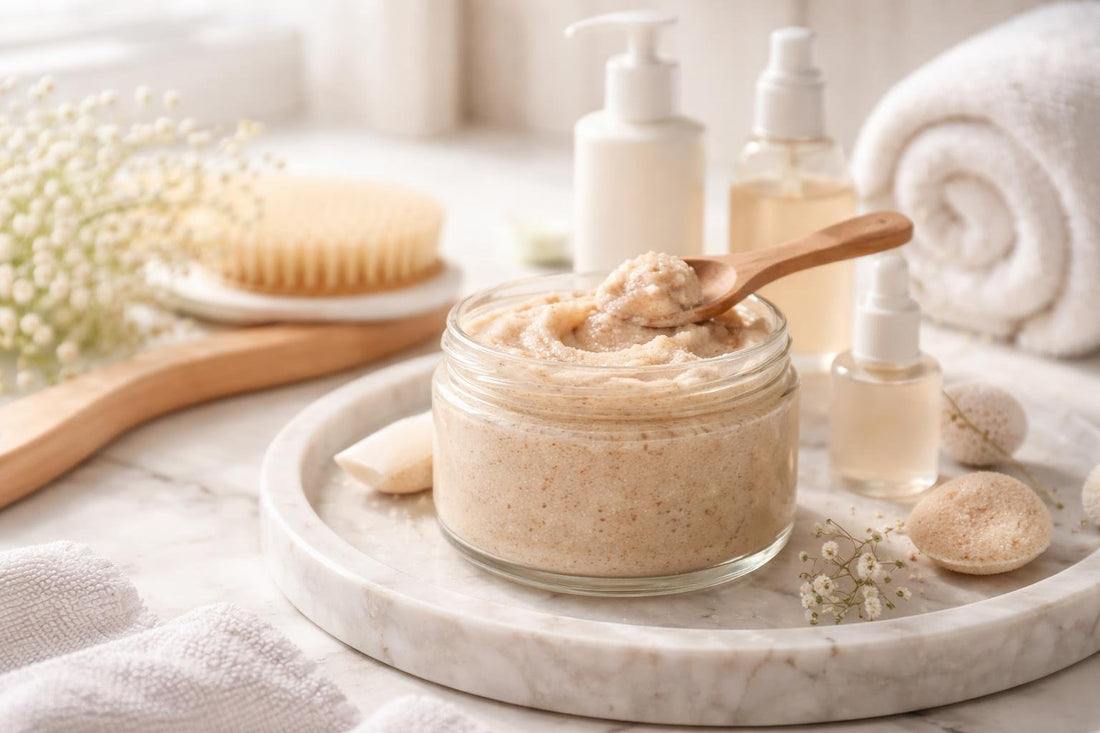 Gentle exfoliating body scrub jar and creamy texture