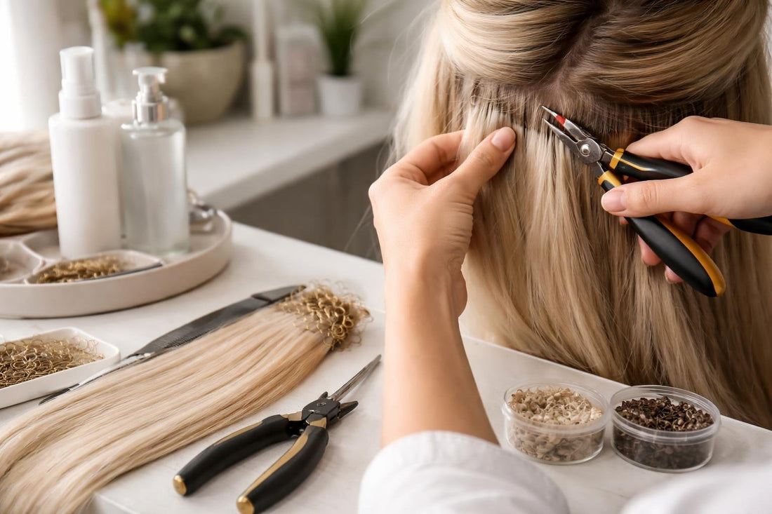 Toronto stylist repairing professional hair extensions close-up