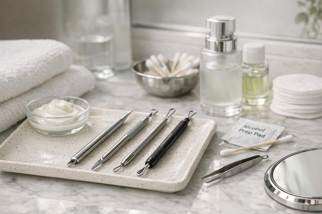 Extraction tools laid out for sensitive skin care