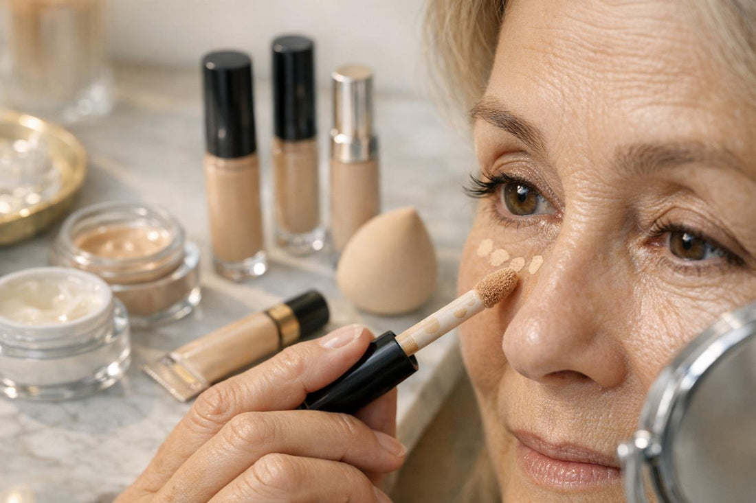 Mature skin under-eye concealer application close-up