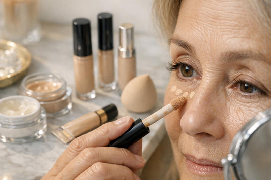 Mature skin under-eye concealer application close-up