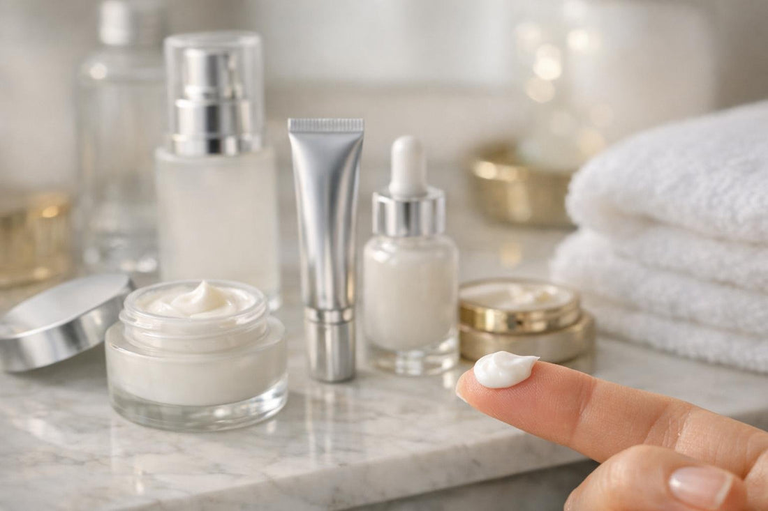 Close-up of eye cream texture on fingertip