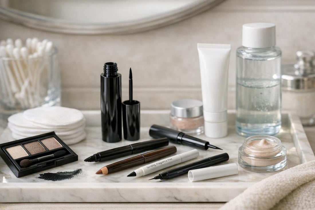 sensitive eye makeup essentials flatlay with hypoallergenic products