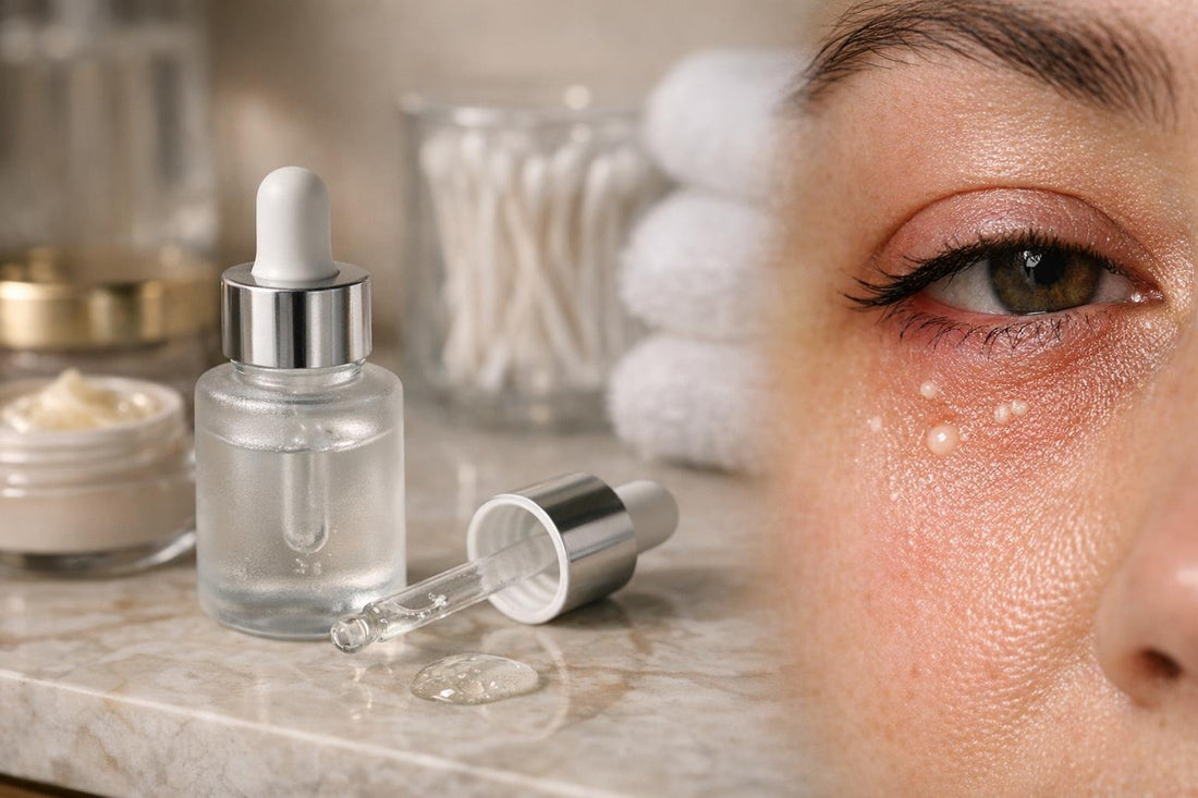 Close-up of eye serum bottle and applicator near skin