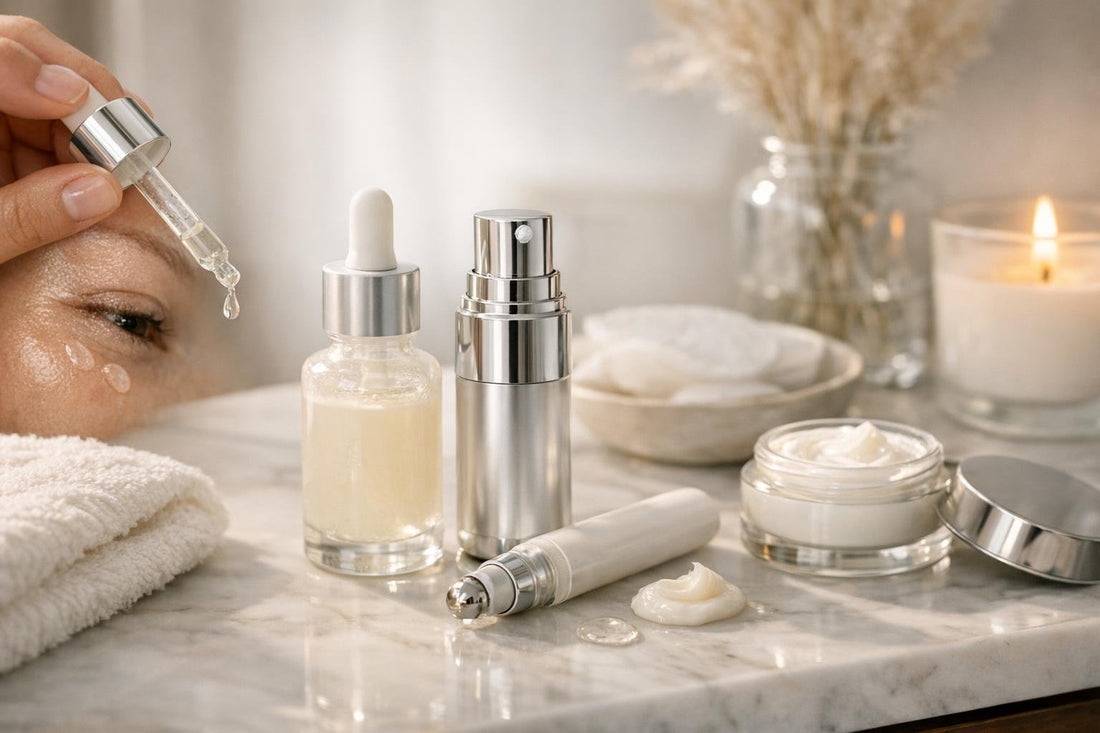 Close-up of eye serum application for dry winter skin