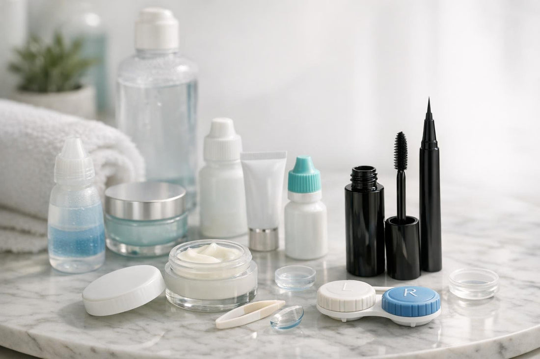 assorted eye treatment products and contact lens kit
