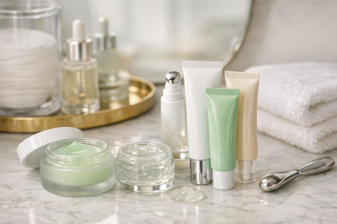 assorted eye treatment gels in tubes and jars