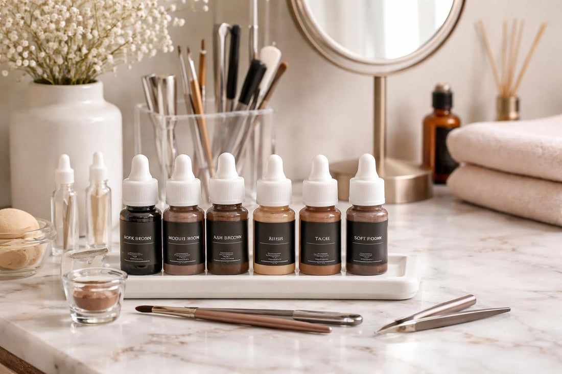 Professional eyebrow color collection kit and tools on table