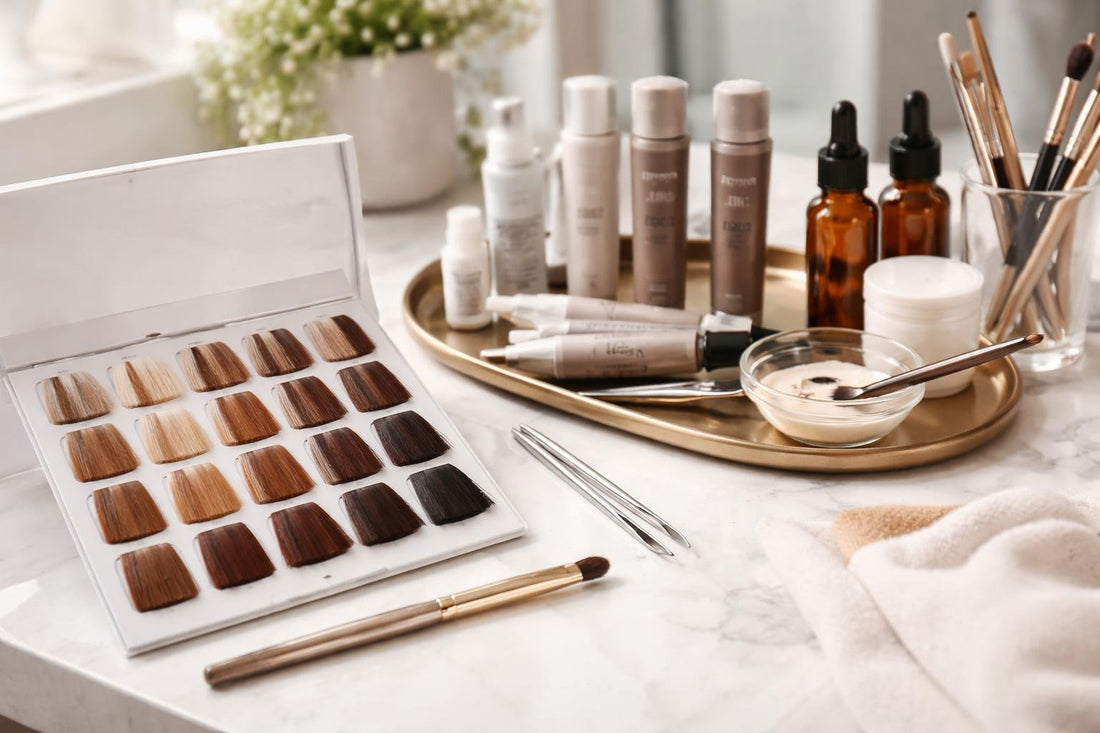 Salon stylist selecting eyebrow colour shades on palette